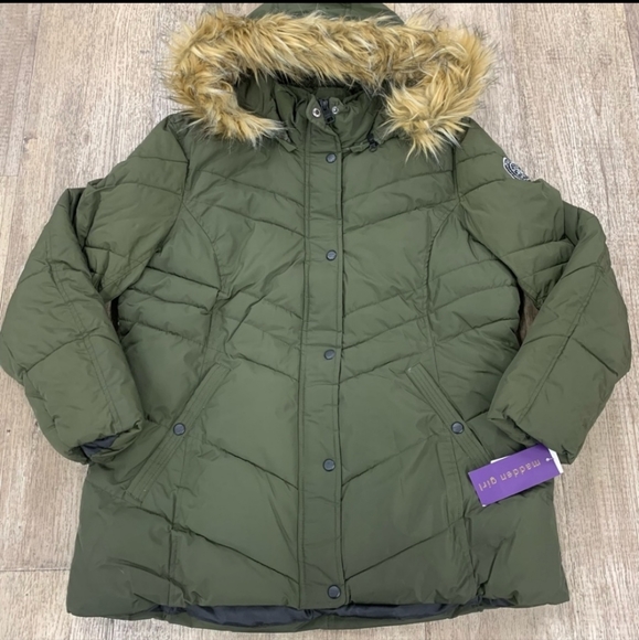 Madden Girl Juniors Hooded Faux Fur Trim Puffer Coat Black Size X Small main image 0